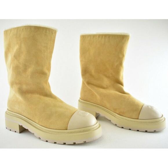 Chanel 20N Beige Suede Shearling Fur CC Cap Toe Pull On Mid Calf Tall Boots 37.5 - Picture 3 of 12